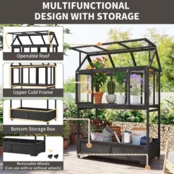 69.3" Wooden Greenhouse For Outdoors, Portable Cold Frame Plant House With Openable Roof & Wheel, Movable Mini Greenhouse For Garden Backyard
