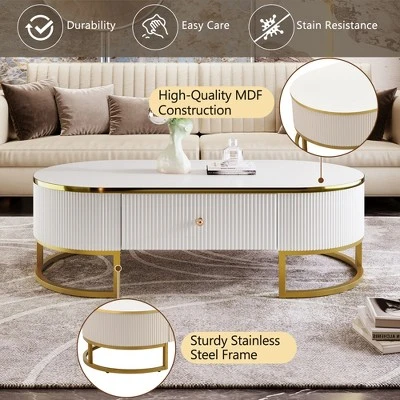 Oval Coffee Table, Modern Side Table With 1 Drawer & Curved Profile Design Metal Legs, Oval Sofa Table For Home Office Living Room Reception Room 2 Oval Coffee Table, Modern Side Table With 1 Drawer & Curved Profile Design Metal Legs, Oval Sofa Table For Home Office Living Room Reception Room - Image 2