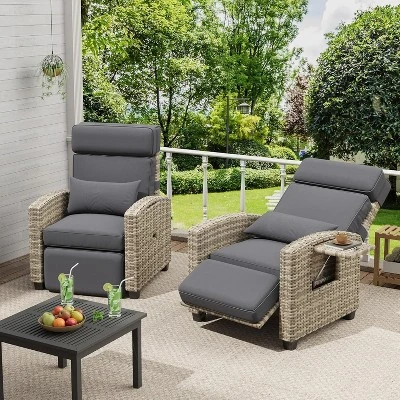 Outdoor Recliner Chair W/Adjustable Backrest+Footrest, 150° Lay Flat Rattan Patio Recliner With Air Pump+Flip-Up Table+Removable Cushion 3 Outdoor Recliner Chair W/Adjustable Backrest+Footrest, 150° Lay Flat Rattan Patio Recliner With Air Pump+Flip-Up Table+Removable Cushion - Image 3