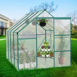 6x8 FT Polycarbonate Greenhouse With Sliding Door, Heavy Duty Walk In Greenhouse With Roof Vent, Plant Greenhouse For Patio Garden Backyard