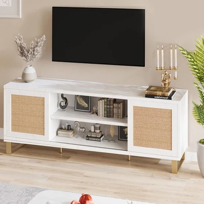 Rattan TV Stand For 65 Inch TV, White Entertainment Center Modern TV Console Table With Storage, Doors And Shelves, Media Cabinet For Living Room 6 Rattan TV Stand For 65 Inch TV, White Entertainment Center Modern TV Console Table With Storage, Doors And Shelves, Media Cabinet For Living Room - Image 6