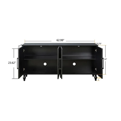 Sideboard Buffet, Wood Floor Cabinet With Carved Flower Door, Metal Handle, Freestanding Sideboard 4 Sideboard Buffet, Wood Floor Cabinet With Carved Flower Door, Metal Handle, Freestanding Sideboard - Image 4