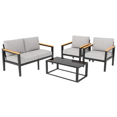 Garvee Outdoor Aluminum Furniture Set,4 Piece Patio Conversation Sets,Removable & Washable Cushion,Ink Color Tempered Glass Table Light Grey 2 Garvee Outdoor Aluminum Furniture Set,4 Piece Patio Conversation Sets,Removable & Washable Cushion,Ink Color Tempered Glass Table Light Grey - Image 2