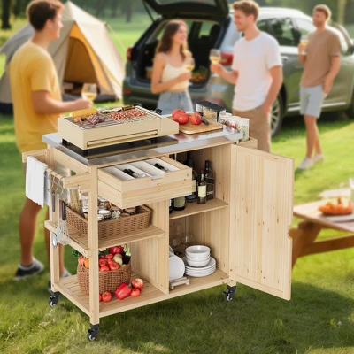 Outdoor Grill Cart, Solid Wood BBQ Cart Prep Table, Portable Rolling Kitchen Island With Stainless Steel Top, Drawer, & Open Shelves 7 Outdoor Grill Cart, Solid Wood BBQ Cart Prep Table, Portable Rolling Kitchen Island With Stainless Steel Top, Drawer, & Open Shelves - Image 7
