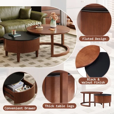 Farmhouse Nesting Coffee Table 31.5" & 22.8" Small Round Living Room Coffee Table With Drawer 3 Farmhouse Nesting Coffee Table 31.5" & 22.8" Small Round Living Room Coffee Table With Drawer - Image 3