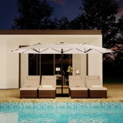 15FT Outdoor Double-Sided Large Patio Umbrella With Base, Rectangle Market Umbrella Outside Umbrellas For Poolside Lawn Backyard