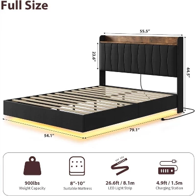 Floating Bed Frame With LED Lights & USB Charging Station – Modern Upholstered Platform Bed With Headboard, Solid Wood Slats Support 1 Floating Bed Frame With LED Lights & USB Charging Station – Modern Upholstered Platform Bed With Headboard, Solid Wood Slats Support