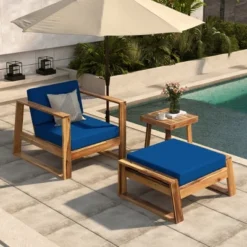 Outdoor Chaise Lounge Chair Set Of 3, Acacia Wood Conversation Set With Coffee Table, Pool Sunbathing Recliner With Ottoman For Porch Backyard -Garvee Sales GUEST 4ee66769 c9cb 4f90 ad2b d9ae3bbc3aad