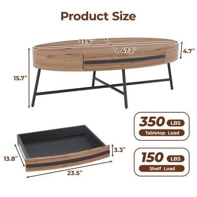 Oval Coffee Table Mid-Century Modern Center Table With Drawer Wooden Coffee Table With Storage And Cross Metal Legs 5 Oval Coffee Table Mid-Century Modern Center Table With Drawer Wooden Coffee Table With Storage And Cross Metal Legs - Image 5