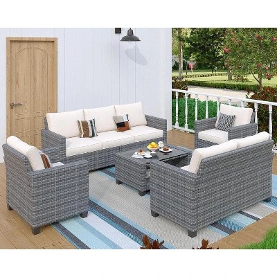 5-Piece Outdoor Patio Furniture Set, 7-Seat PE Rattan Sectional Sofa With Storage Table & Water-Repellent Cushions, Backyard, Deck, Poolside 9 5-Piece Outdoor Patio Furniture Set, 7-Seat PE Rattan Sectional Sofa With Storage Table & Water-Repellent Cushions, Backyard, Deck, Poolside - Image 9