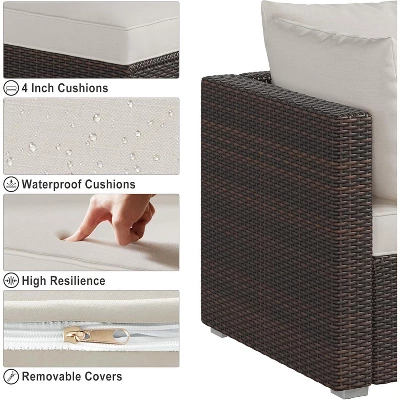 8 Pieces Outdoor Patio Furniture Set, Wicker Rattan Sectional With 4" Cushions, Glass Table & Hidden Storage Box, Brown 4 8 Pieces Outdoor Patio Furniture Set, Wicker Rattan Sectional With 4" Cushions, Glass Table & Hidden Storage Box, Brown - Image 4