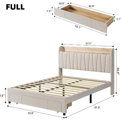 Full/Queen Size Upholstered Bed Frame With Storage Headboard, Drawer, Charging Station, Linen Platform, No Box Spring Needed 2 Full/Queen Size Upholstered Bed Frame With Storage Headboard, Drawer, Charging Station, Linen Platform, No Box Spring Needed - Image 2