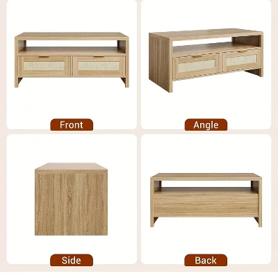 Garvee Rattan Coffee Table With 2 Drawers, Wooden Coffee Table With Open Storage, Oak 6 Garvee Rattan Coffee Table With 2 Drawers, Wooden Coffee Table With Open Storage, Oak - Image 6