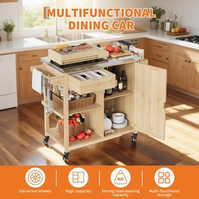 Outdoor Grill Cart, Solid Wood BBQ Cart Prep Table, Portable Rolling Kitchen Island With Stainless Steel Top, Drawer, & Open Shelves 4 Outdoor Grill Cart, Solid Wood BBQ Cart Prep Table, Portable Rolling Kitchen Island With Stainless Steel Top, Drawer, & Open Shelves - Image 4