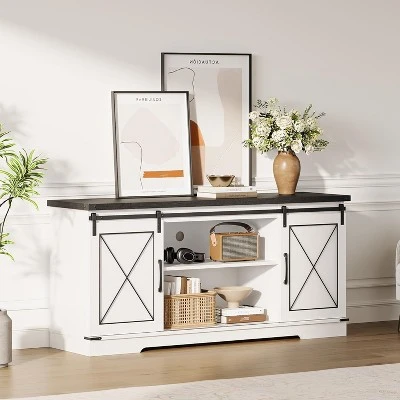 Farmhouse TV Stand And Entertainment Center For TV Up To 65 Inches With Sliding Barn Doors And Adjustable Shelf, White & Brown 5 Farmhouse TV Stand And Entertainment Center For TV Up To 65 Inches With Sliding Barn Doors And Adjustable Shelf, White & Brown - Image 5