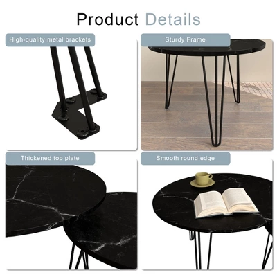 Round Nesting Coffee Table Set Of 2, Circular Nesting End Table Set, Round Marble Tabletop, And Sturdy Metal Base For Living Room, Bedroom 2 Round Nesting Coffee Table Set Of 2, Circular Nesting End Table Set, Round Marble Tabletop, And Sturdy Metal Base For Living Room, Bedroom - Image 2