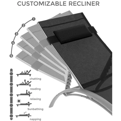 Set Of 2 Beach Chaise Lounges - Aluminum Pool Lounge Chairs Adjustable Backrest For Patio, Backyard, Vacation Home, Black 3 Set Of 2 Beach Chaise Lounges - Aluminum Pool Lounge Chairs Adjustable Backrest For Patio, Backyard, Vacation Home, Black - Image 3