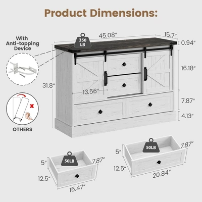 Farmhouse 4 Drawer Dresser, 58.7" Chest Of Drawers With Sliding Barn Door, Rustic Wood Sideboard Buffet Cabinet With Adjustable Shelves 1 Farmhouse 4 Drawer Dresser, 58.7" Chest Of Drawers With Sliding Barn Door, Rustic Wood Sideboard Buffet Cabinet With Adjustable Shelves