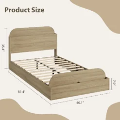Twin Size Wood Bed Frame With Storage Headboard And Raised-Foodboard For Kid, Twin-Floor Low Platform Bed For Bedroom, No Box Spring Needed