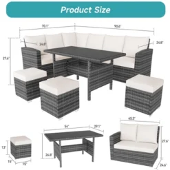 Whizmax 7-Piece Outdoor Sectional Sofa Set With Rattan Dining Table & Ottoman, Patio Furniture For Garden, Backyard