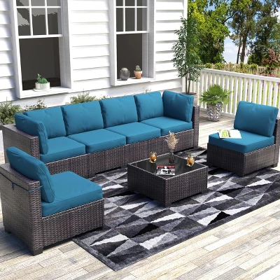 Whizmax 7-Piece Modular Patio Set - PE Rattan Sectional Sofa With Thick Cushions & Glass Coffee Table, Outdoor Furniture For Garden, Balcony, Porch 10 Whizmax 7-Piece Modular Patio Set - PE Rattan Sectional Sofa With Thick Cushions & Glass Coffee Table, Outdoor Furniture For Garden, Balcony, Porch - Image 10