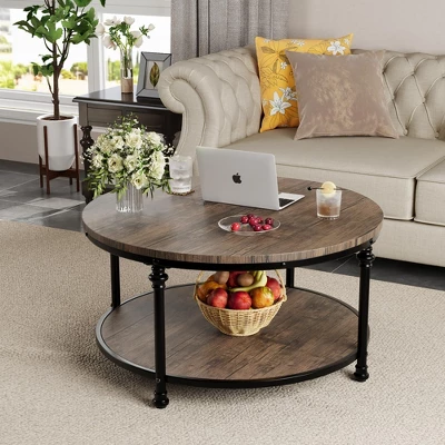 Coffee Table Round Center Table With Storage Shelf Wood Circle Coffee Table With Sturdy Metal Legs 8 Coffee Table Round Center Table With Storage Shelf Wood Circle Coffee Table With Sturdy Metal Legs - Image 8