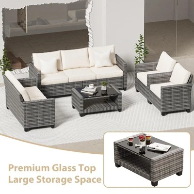 Outdoor Patio Furniture Sofa Sets,7 Piece Rattan Furniture Sectional Couch Set With Glass Coffee Table For Backyard Garden 5 Outdoor Patio Furniture Sofa Sets,7 Piece Rattan Furniture Sectional Couch Set With Glass Coffee Table For Backyard Garden - Image 5
