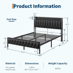 Full/ Queen/ KingBed Frame With Charging Station, Faux Leather Platform Bed With Storage Button Headboard & Footboard, No Box Spring Needed, Black