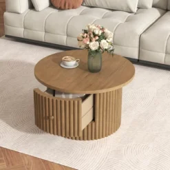 Round Coffee Table With Storage, 30.5" Wooden Center Table With Drawer, Accent Cocktail End Table For Living Room Bedroom Office