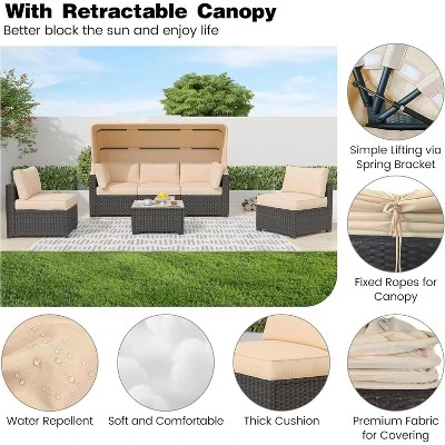 Garvee Outdoor Daybed With Canopy,6 Pieces Patio Furniture Sets Adjustable Backrest PE Gradient Wicker Sectional Furniture Set 2 Garvee Outdoor Daybed With Canopy,6 Pieces Patio Furniture Sets Adjustable Backrest PE Gradient Wicker Sectional Furniture Set - Image 2