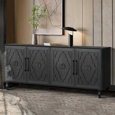Sideboard Buffet, Wood Floor Cabinet With Carved Flower Door, Metal Handle, Freestanding Sideboard 2 Sideboard Buffet, Wood Floor Cabinet With Carved Flower Door, Metal Handle, Freestanding Sideboard - Image 2