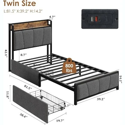 Twin/Full/Queen/King Size Upholstered Bed Frame With Storage Headboard, 2 Drawers, USB Charging Station, No Box Spring Needed, Heavy Duty, Grey 2 Twin/Full/Queen/King Size Upholstered Bed Frame With Storage Headboard, 2 Drawers, USB Charging Station, No Box Spring Needed, Heavy Duty, Grey - Image 2
