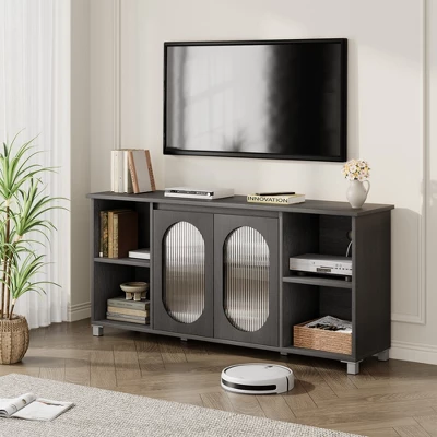 Modern TV Stand For 65 Inch, Black Entertainment Center With Storage Shelves & Glass Doors – Wooden Media Console Cabinet For Living Room 4 Modern TV Stand For 65 Inch, Black Entertainment Center With Storage Shelves & Glass Doors – Wooden Media Console Cabinet For Living Room - Image 4