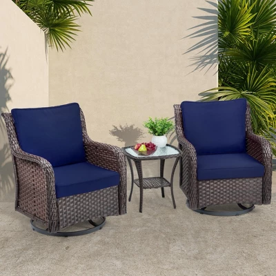 Outdoor Swivel Wicker Glider Patio Chairs With Table Set, 3PCS Outdoor Bistro Set With 4inch Thick Cushions And Coffee Table For Porch, Balcony 9 Outdoor Swivel Wicker Glider Patio Chairs With Table Set, 3PCS Outdoor Bistro Set With 4inch Thick Cushions And Coffee Table For Porch, Balcony - Image 9