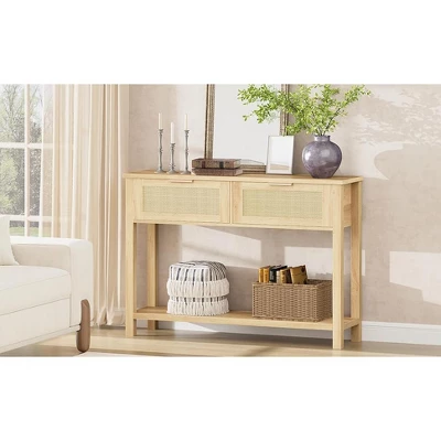 Entryway Table With Drawers, Rattan Console Table With Storage, Boho 2-Tier Sofa Table For Living Room And Hallway 8 Entryway Table With Drawers, Rattan Console Table With Storage, Boho 2-Tier Sofa Table For Living Room And Hallway - Image 8