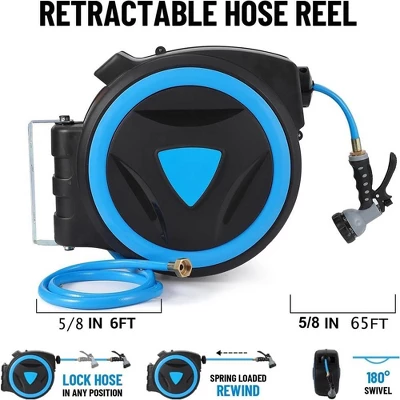 Retractable Garden Hose Reel 5/8 Inch X 65 Ft Wall Mount With 9-Pattern Nozzle 1 Retractable Garden Hose Reel 5/8 Inch X 65 Ft Wall Mount With 9-Pattern Nozzle