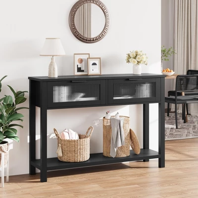 Entryway Table, Wood Console Table With 2 Glass Drawers, 2 Tier Sofa Table With Storage 8 Entryway Table, Wood Console Table With 2 Glass Drawers, 2 Tier Sofa Table With Storage - Image 8
