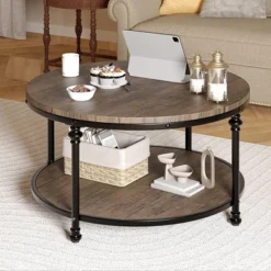 Round Coffee Table Rustic Center Table With Storage Shelf 2-Tier -Garvee Sales GUEST 553560ca 9c7e 4a2f 9636 f9097f548766