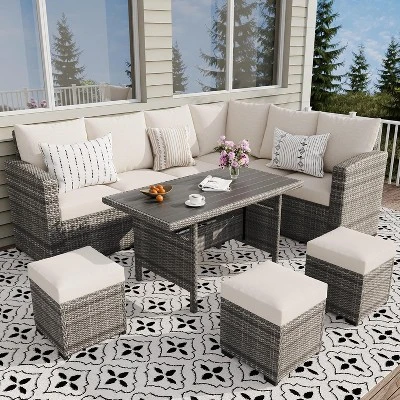 7-Piece Outdoor Patio Furniture Set – Rattan Chairs With Ottoman & Wood Coffee Table, Wicker Sectional Conversation Sofa In Beige 2 7-Piece Outdoor Patio Furniture Set – Rattan Chairs With Ottoman & Wood Coffee Table, Wicker Sectional Conversation Sofa In Beige - Image 2