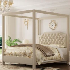 Canopy Bed Frame With Upholstered Headboard, Four Poster Design, Button Tufted, And Slide Rail, No Box Spring Required, Wooden Slatted Structure 11 Canopy Bed Frame With Upholstered Headboard, Four Poster Design, Button Tufted, And Slide Rail, No Box Spring Required, Wooden Slatted Structure -Garvee Sales GUEST 55862fcb eebf 4455 a8e3 cbdfedea3078