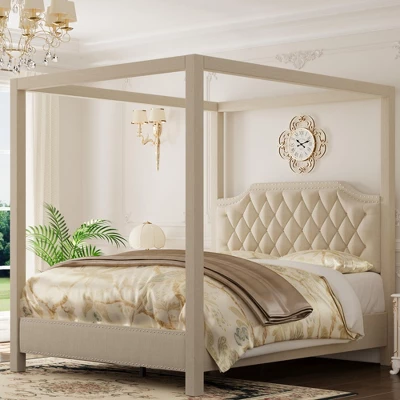 Canopy Bed Frame With Upholstered Headboard, Four Poster Design, Button Tufted, And Slide Rail, No Box Spring Required, Wooden Slatted Structure 4 Canopy Bed Frame With Upholstered Headboard, Four Poster Design, Button Tufted, And Slide Rail, No Box Spring Required, Wooden Slatted Structure - Image 4
