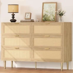 Rattan 6 Drawer Dresser, Wide Double Dresser With Gold Handles & Legs, Modern Chest With Large Storage For Bedroom Or Living Room 16 Rattan 6 Drawer Dresser, Wide Double Dresser With Gold Handles & Legs, Modern Chest With Large Storage For Bedroom Or Living Room -Garvee Sales GUEST 55d514a4 a2dc 4cda 83ce 28edc538cdd6