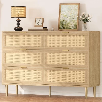 Rattan 6 Drawer Dresser, Wide Double Dresser With Gold Handles & Legs, Modern Chest With Large Storage For Bedroom Or Living Room 8 Rattan 6 Drawer Dresser, Wide Double Dresser With Gold Handles & Legs, Modern Chest With Large Storage For Bedroom Or Living Room - Image 8