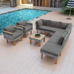 Outdoor Patio Rattan Sectional Sofa With Wooden Legs Tabletop, Upholstered Patio Sofa Set, All Weather Wicker Rattan Furniture, Gray -Garvee Sales GUEST 56e7f54d 7b44 4822 b2cc 8fbcbed98a10