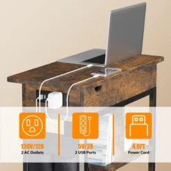 End Table With Charging Station, Narrow Side Table Nightstand With Outlets USB Ports And Storage