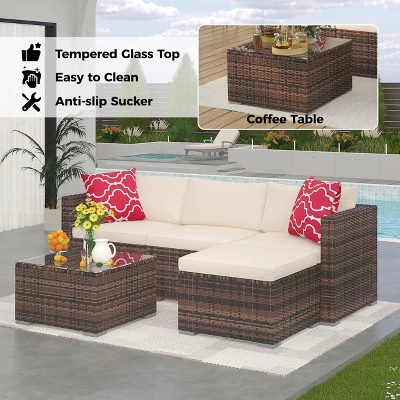Modular Rattan Patio Sofa Set - All-Weather Wicker Sectional Conversation Set With Ottoman, Glass Table & Detachable Cushions 2 Modular Rattan Patio Sofa Set - All-Weather Wicker Sectional Conversation Set With Ottoman, Glass Table & Detachable Cushions - Image 2