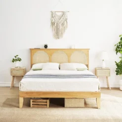 Bed Frame With Natural Rattan Headboard, Boho Wooden Platform Bed With Strong Wooden Slats, Noise-Free, No Box Spring Needed, Arch 13 Bed Frame With Natural Rattan Headboard, Boho Wooden Platform Bed With Strong Wooden Slats, Noise-Free, No Box Spring Needed, Arch -Garvee Sales GUEST 580d9ab8 c6a4 4672 8e8b 56681f227082