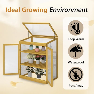 Wooden Greenhouse For Outdoors, 3 Tier Plant House With Transparent Openable Roof, Polycarbonate Garden Greenhouse For Patio Garden Backyard 4 Wooden Greenhouse For Outdoors, 3 Tier Plant House With Transparent Openable Roof, Polycarbonate Garden Greenhouse For Patio Garden Backyard - Image 4