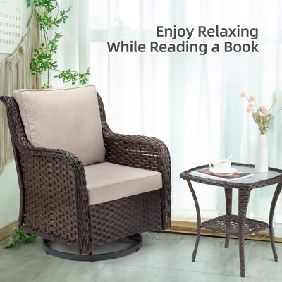 Outdoor Swivel Wicker Glider Patio Chairs With Table Set, 3PCS Outdoor Bistro Set With 4inch Thick Cushions And Coffee Table For Porch, Balcony 5 Outdoor Swivel Wicker Glider Patio Chairs With Table Set, 3PCS Outdoor Bistro Set With 4inch Thick Cushions And Coffee Table For Porch, Balcony - Image 5