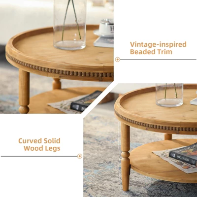 31'' Modern Round Coffee Table, 2 Tier Wooden Center Table With Beaded Trim, Accent Cocktail End Table For Living Room Bedroom Office Brown 4 31'' Modern Round Coffee Table, 2 Tier Wooden Center Table With Beaded Trim, Accent Cocktail End Table For Living Room Bedroom Office Brown - Image 4